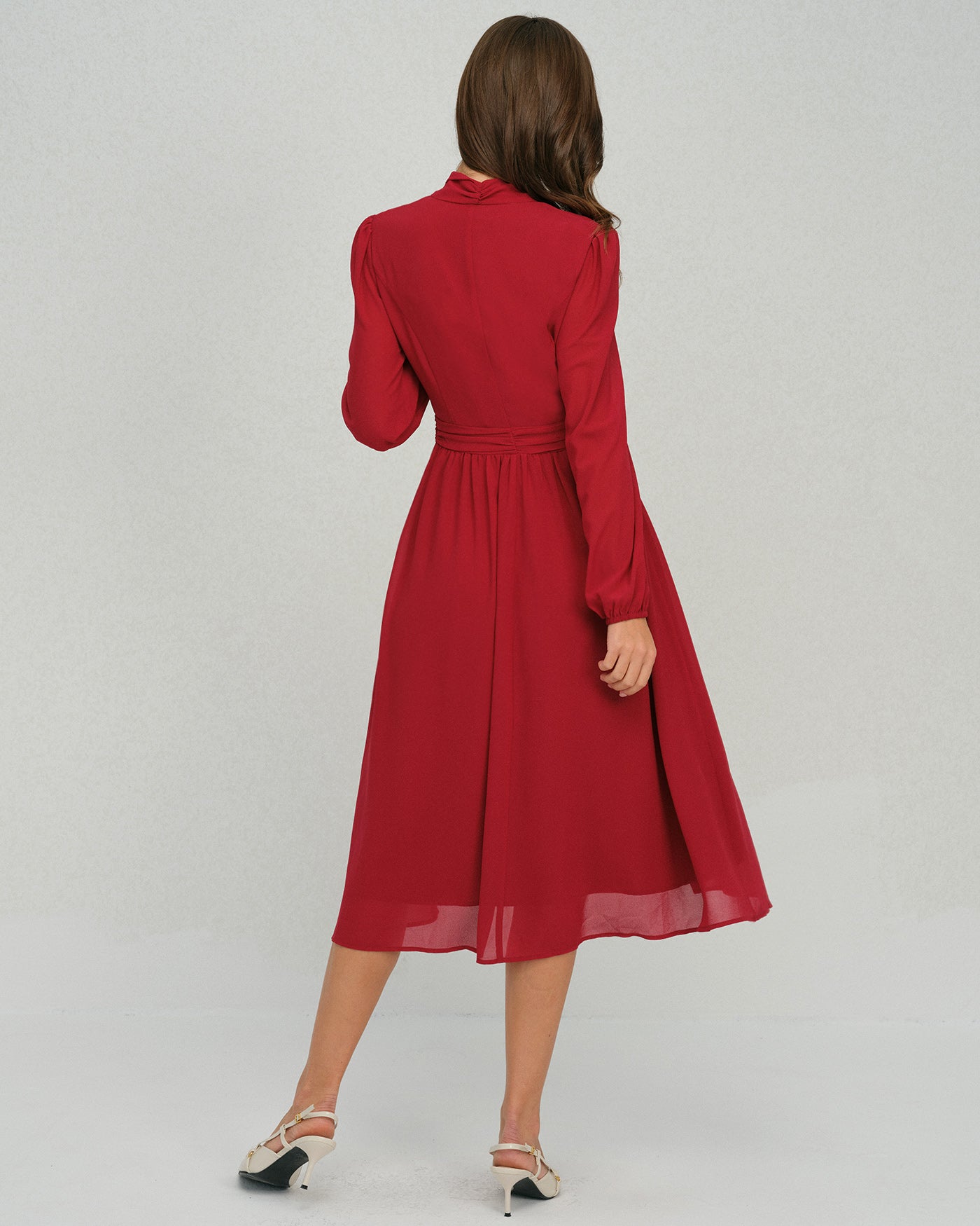 Wine Red Lantern Sleeve Chiffon Midi Dress