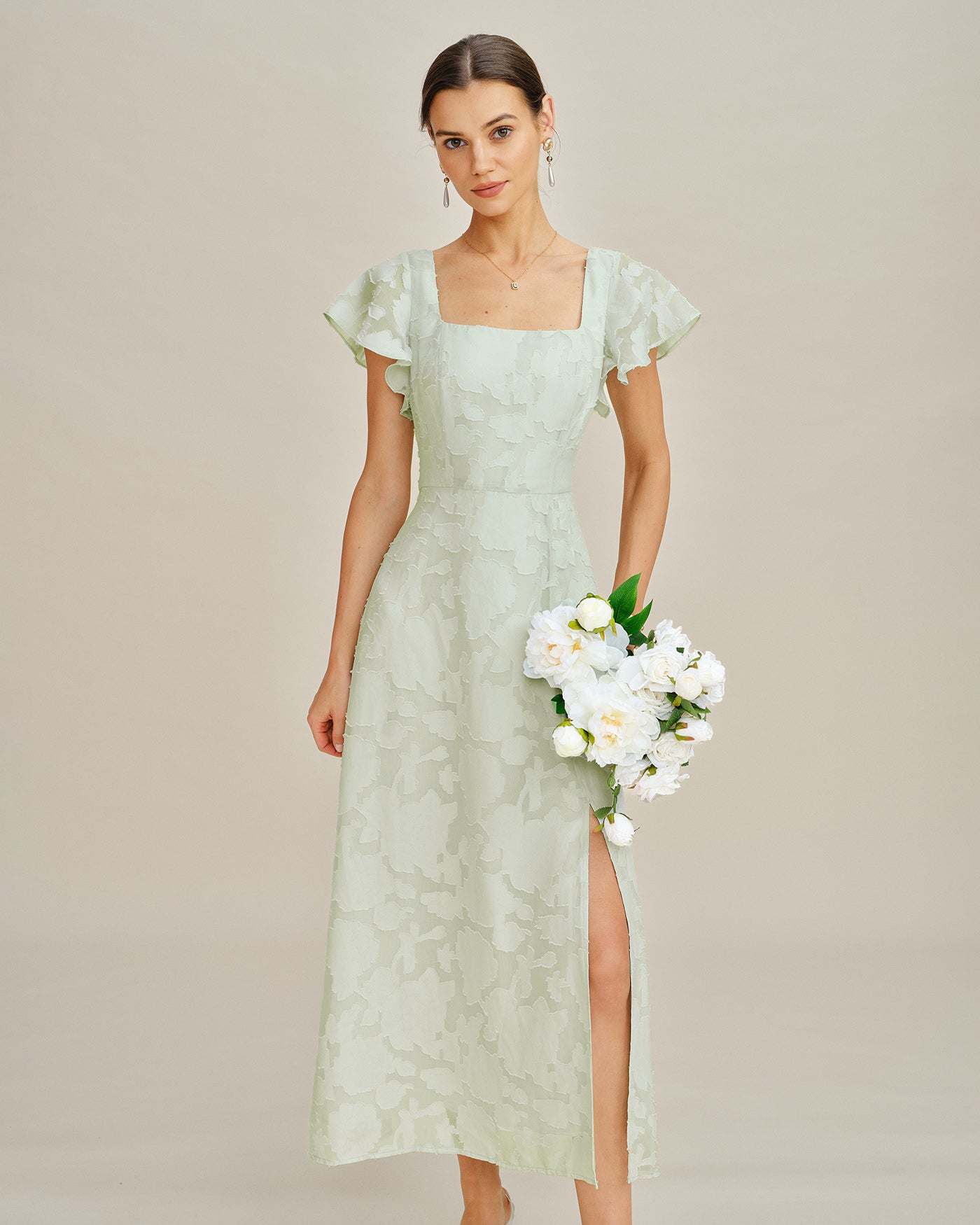 Green Square Neck Floral Textured Midi Dress