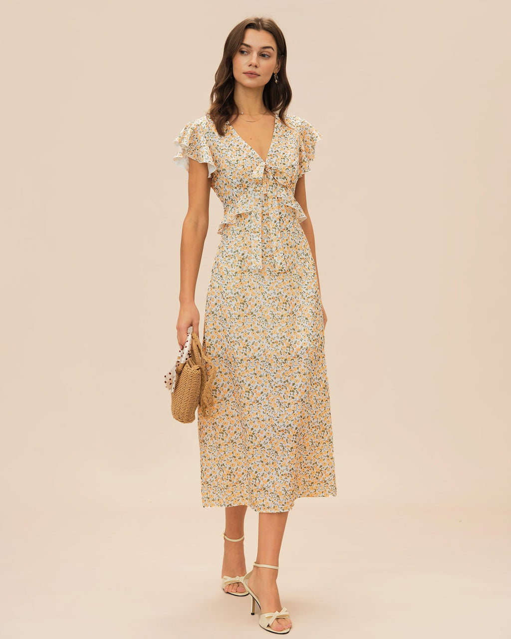 Yellow V Neck Floral Ruffle Midi Dress