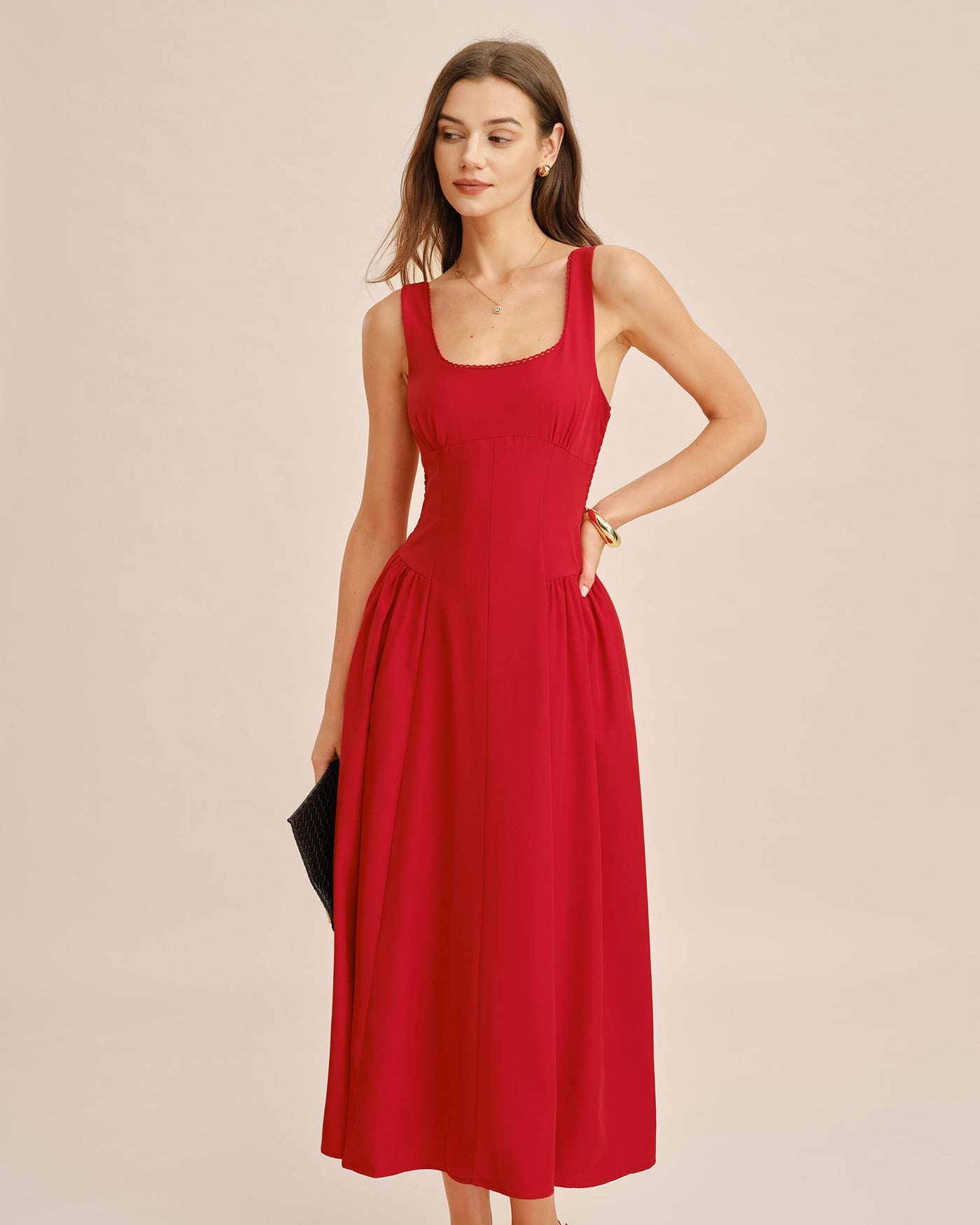 Red Square Neck Sleeveless Midi Dress