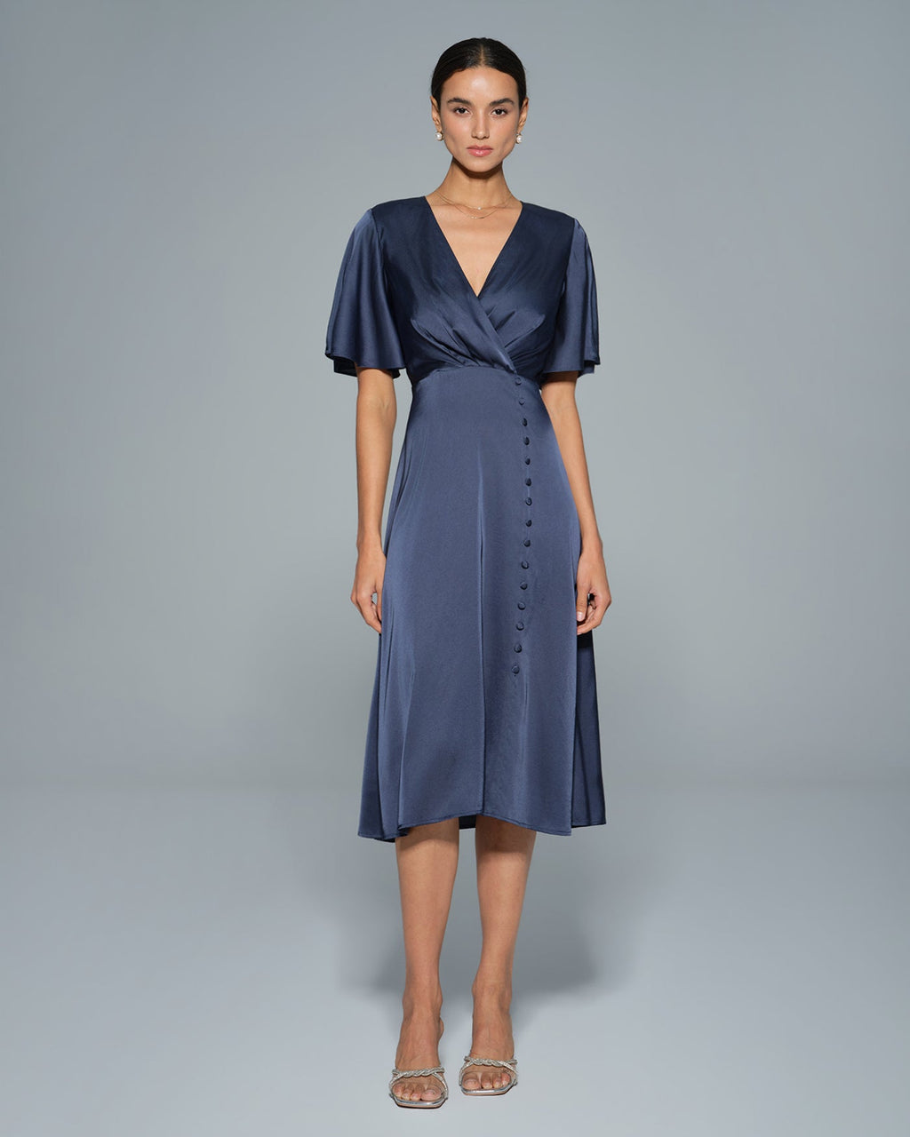 Navy V Neck Satin Midi Dress