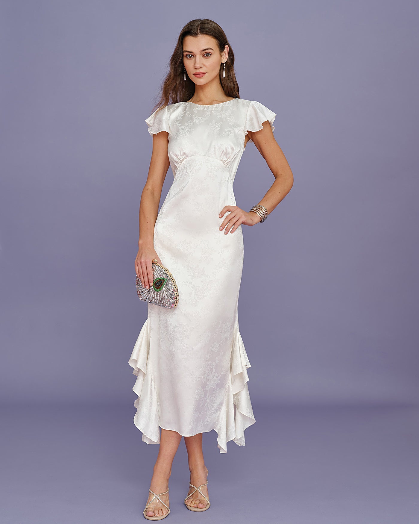 Beige Boat Neck Jacquard Ruffle Midi Dress