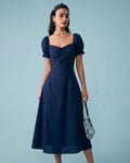 Navy V Neck Puffed Sleeve Midi Dress
