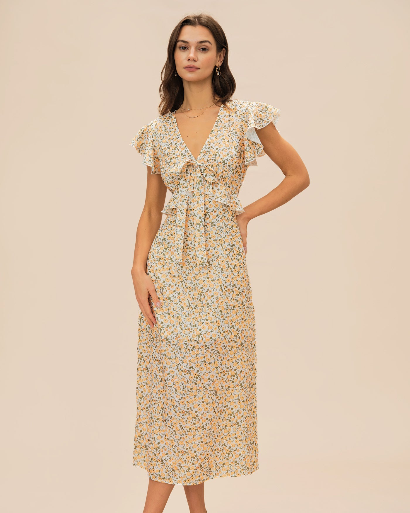 Yellow V Neck Floral Ruffle Midi Dress