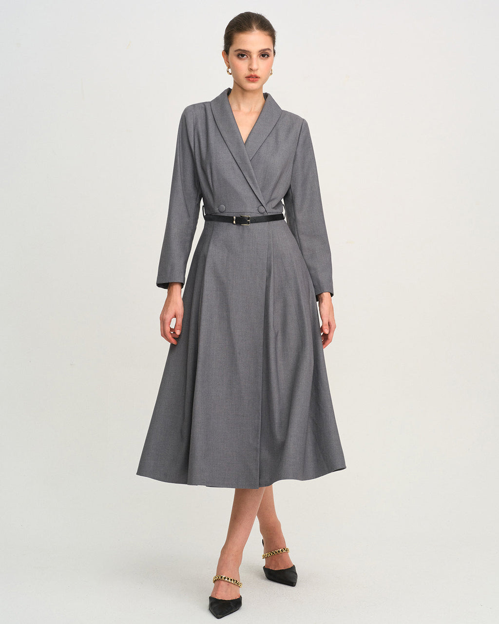 Grey Button A-Line Midi Dress