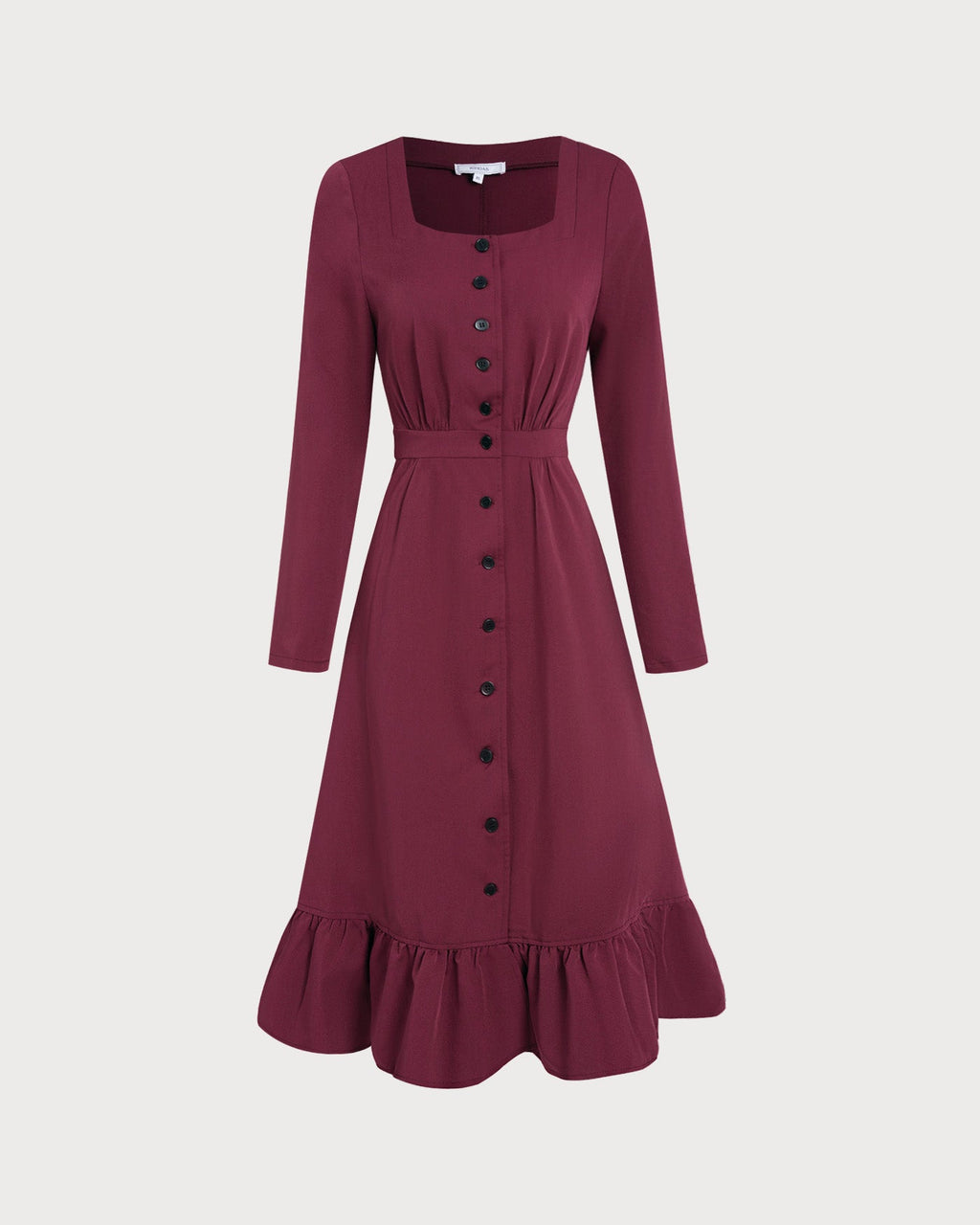 Wine Red Square Neck Button Midi Dress