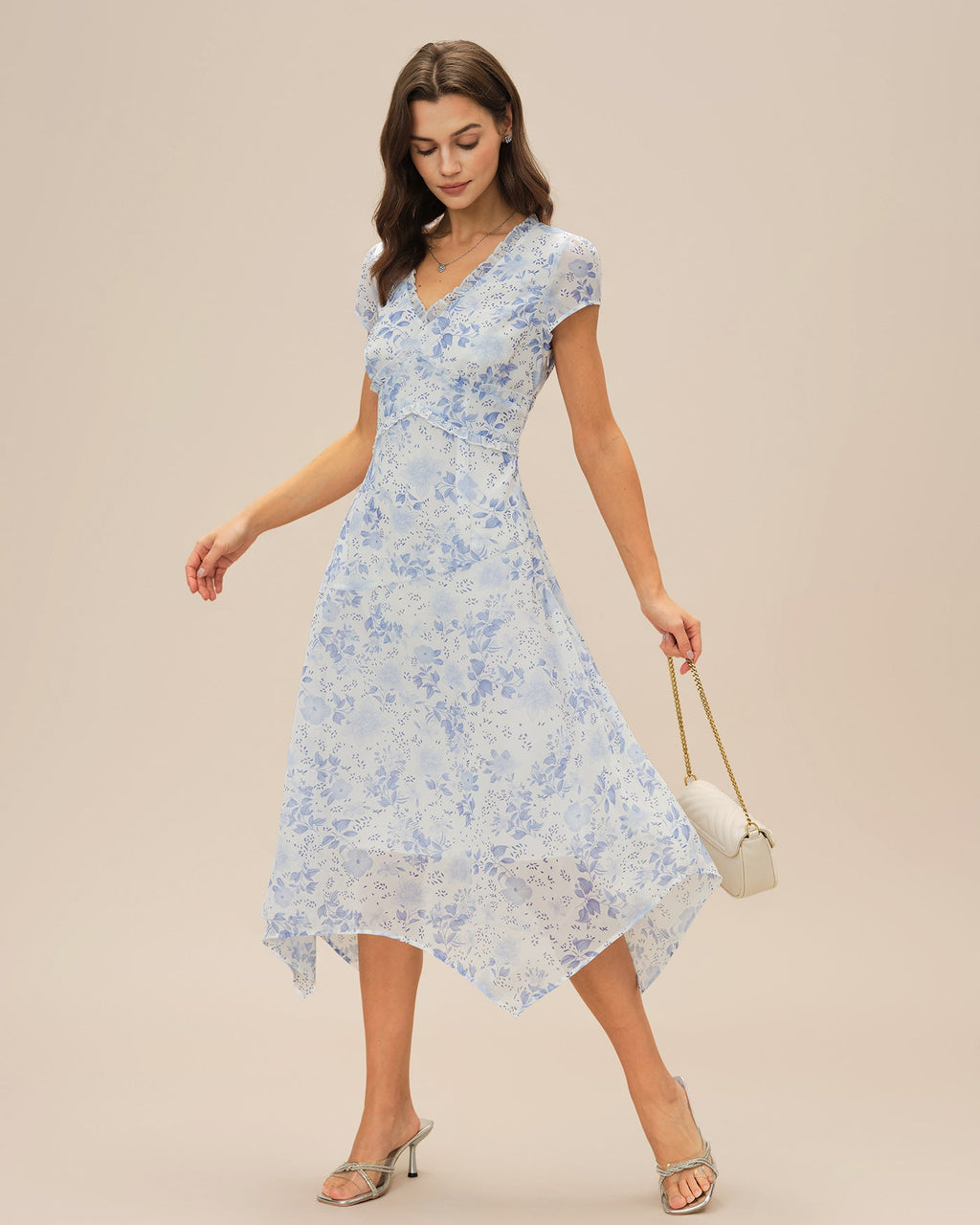 Blue V Neck Floral Midi Dress