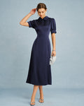Navy Collar Puffed Sleeve Satin Midi Dress