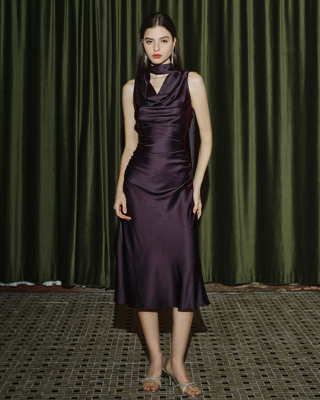 Purple Cowl Neck Mermaid Satin Midi Dress
