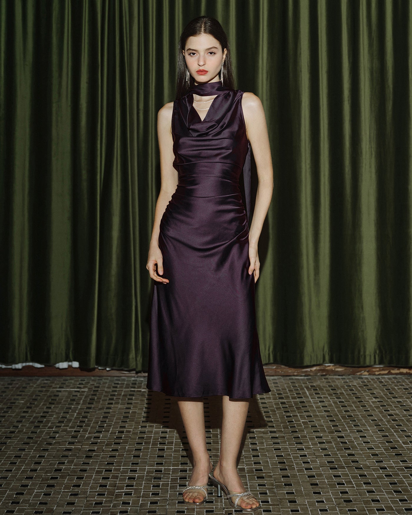 Purple Cowl Neck Mermaid Satin Midi Dress