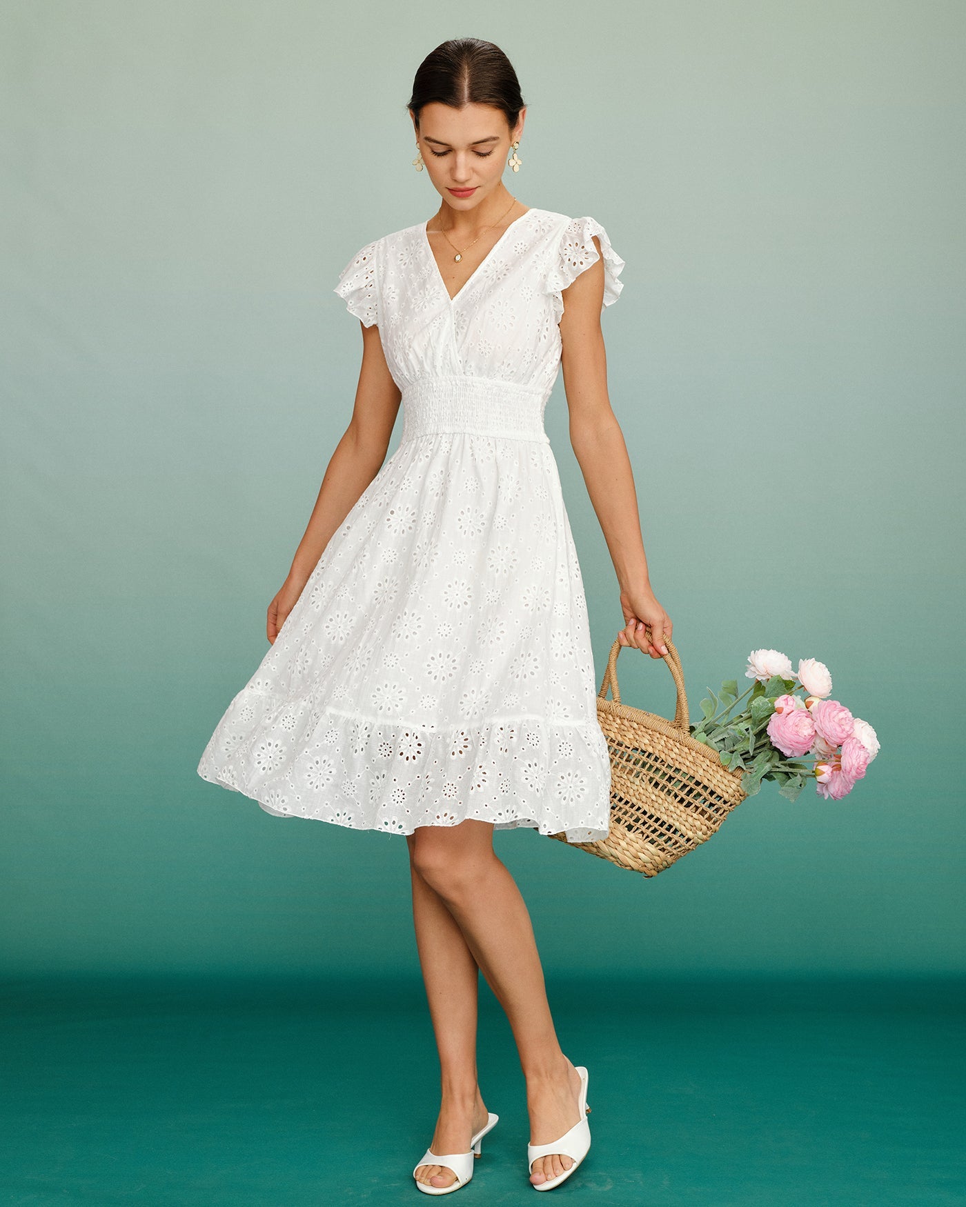 White V Neck Shirred Midi Dress