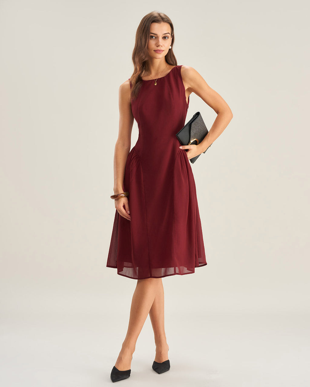 Wine Red Chiffon Sleeveless Midi Dress