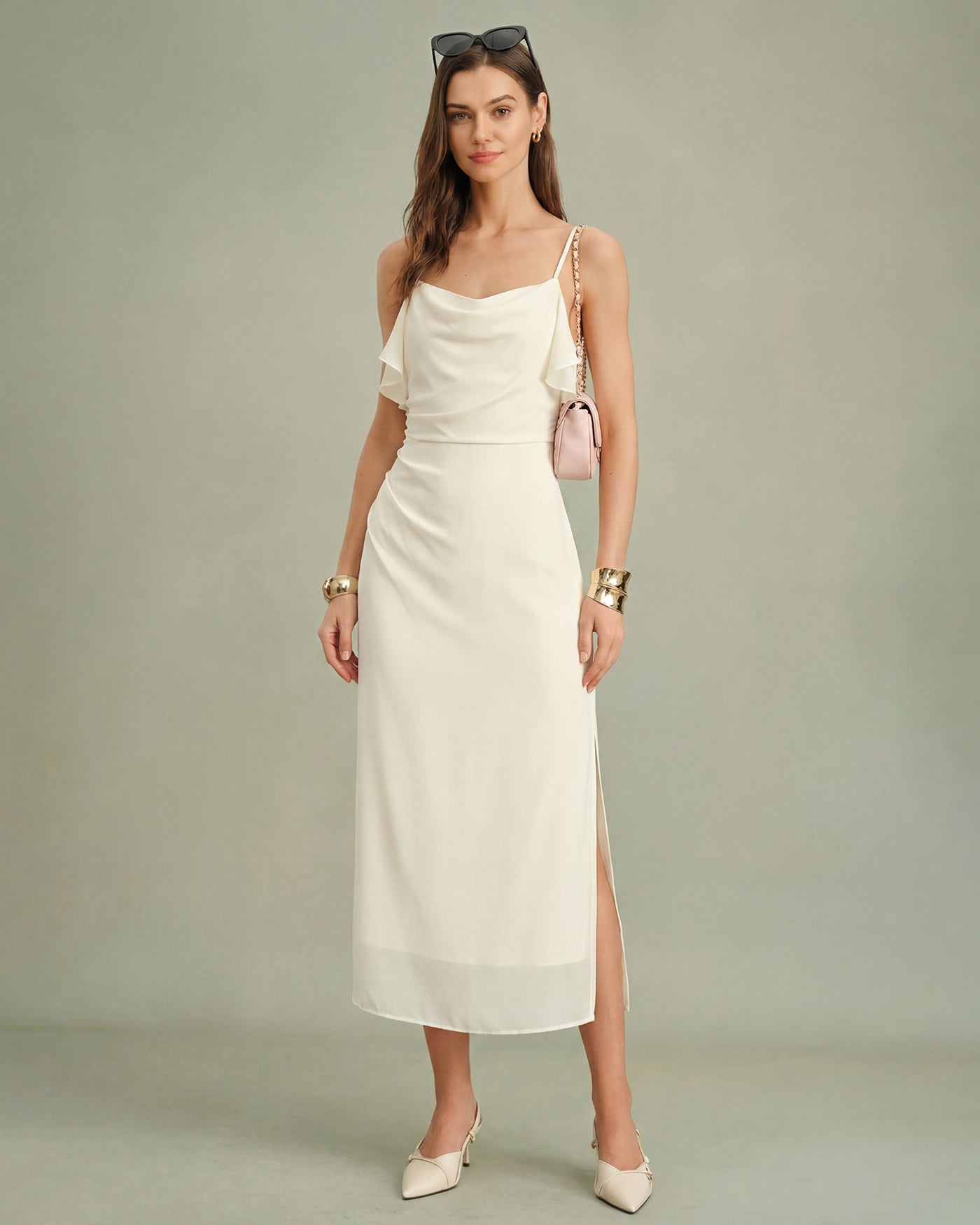 Apricot Ruffle Slip Chiffon Midi Dress