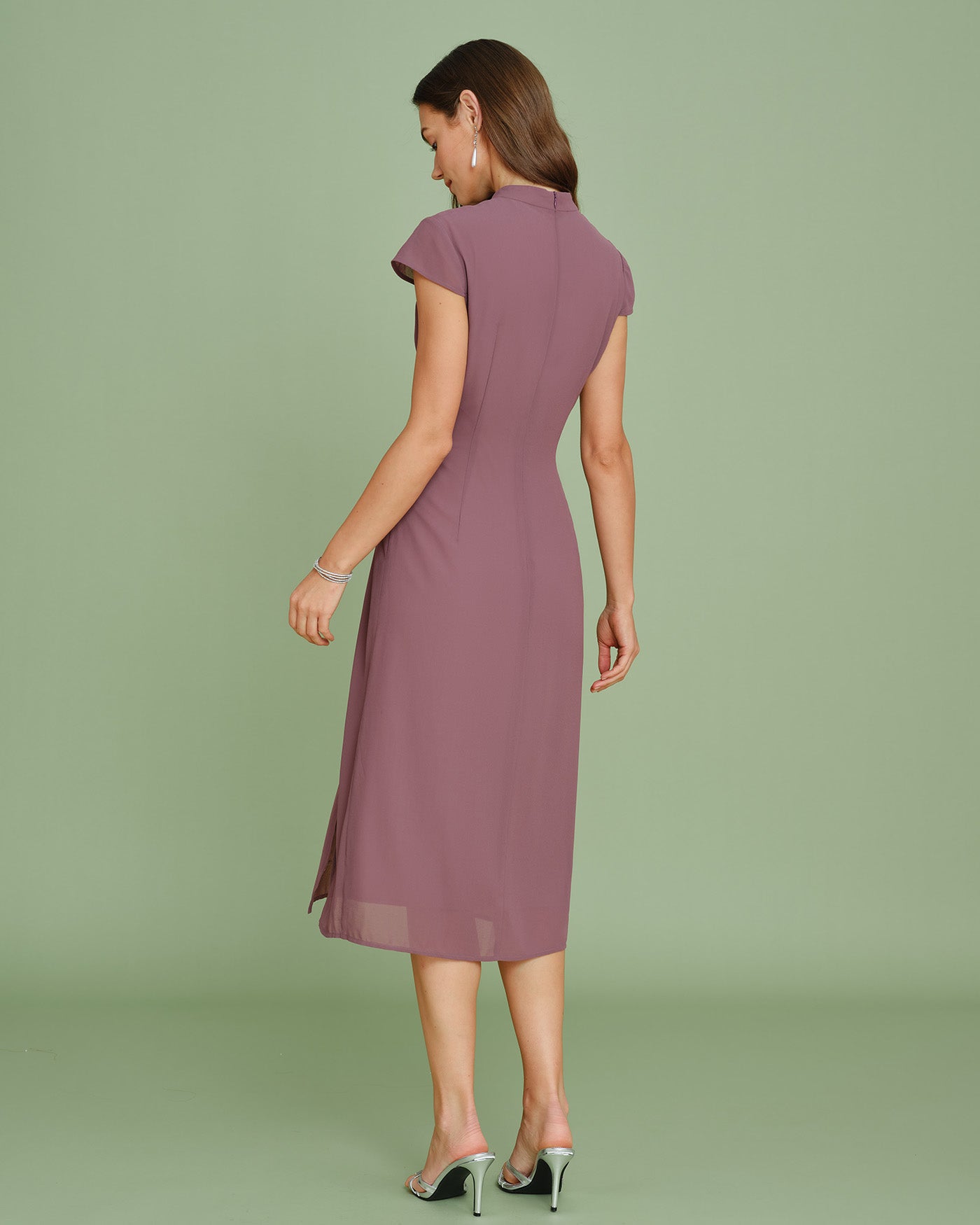 Purple Mandarin Collar Chiffon Midi Dress