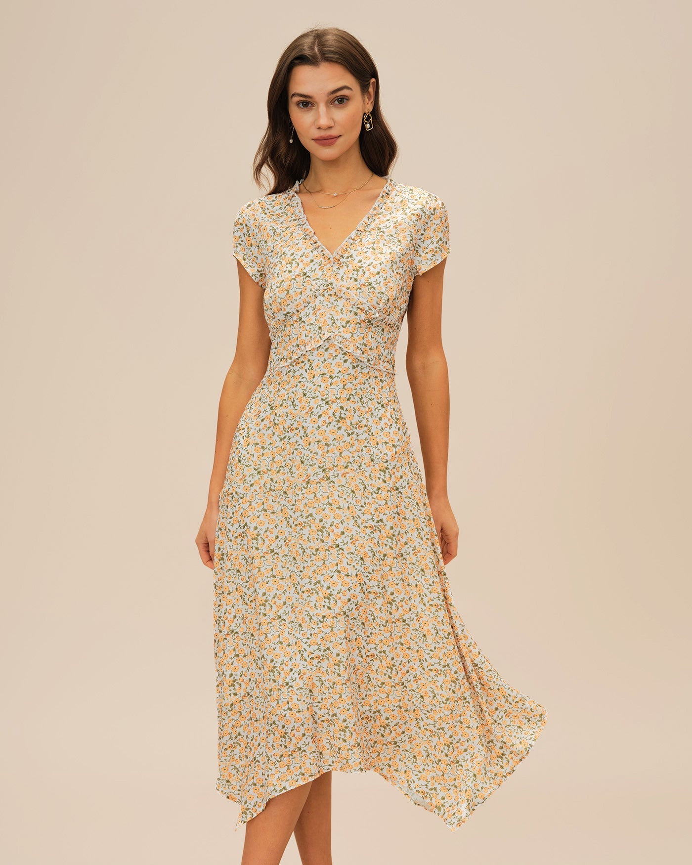 Yellow V Neck Floral Midi Dress