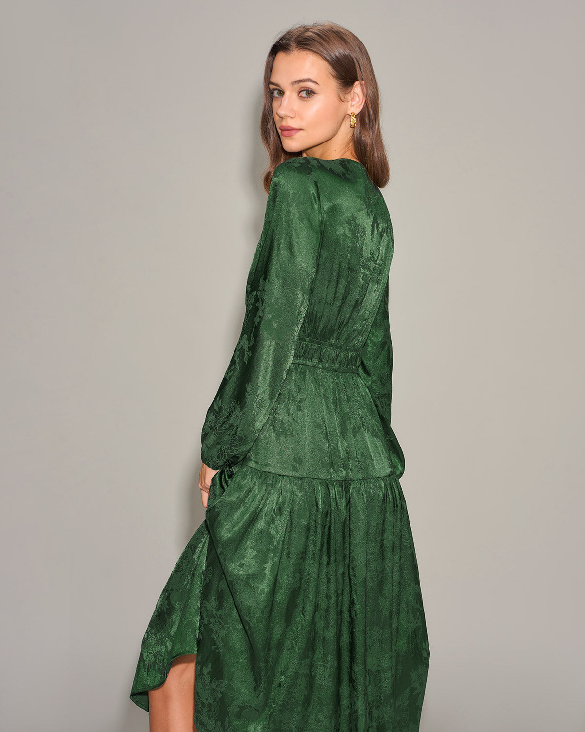 Green Jacquard Lantern Sleeve Midi Dress