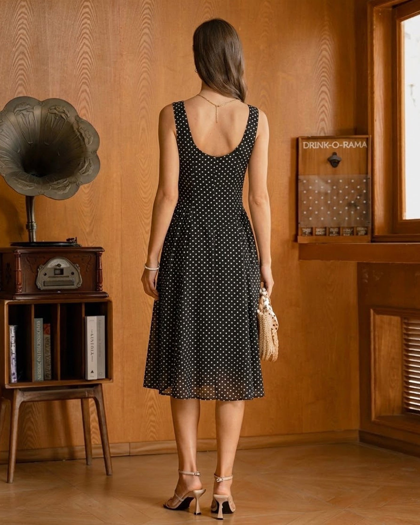 Black Polka Dot Chiffon Midi Dress