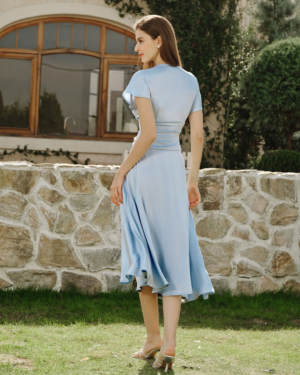 Blue Drop Shoulder Pleated Midi Dress