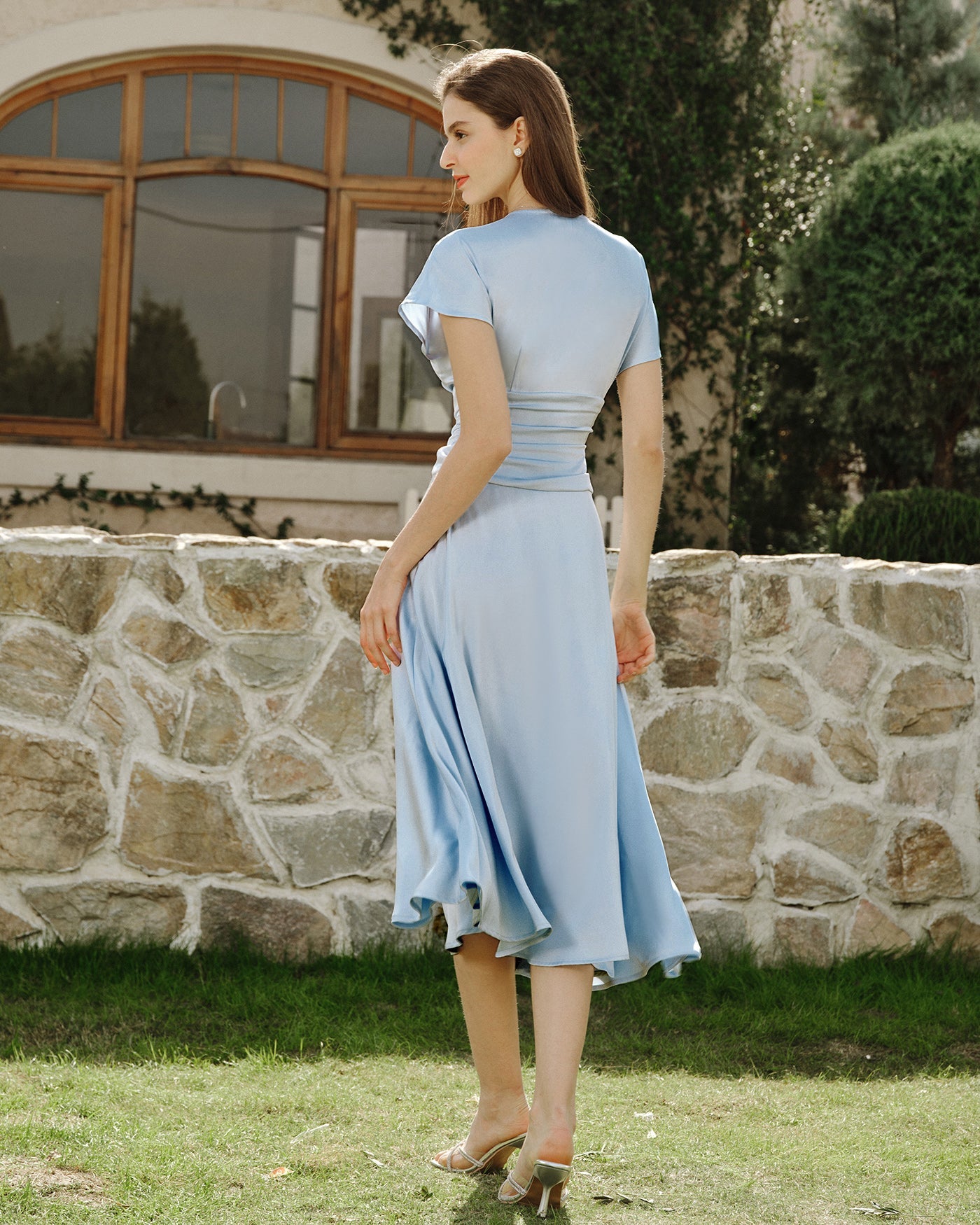 Blue Drop Shoulder Pleated Midi Dress