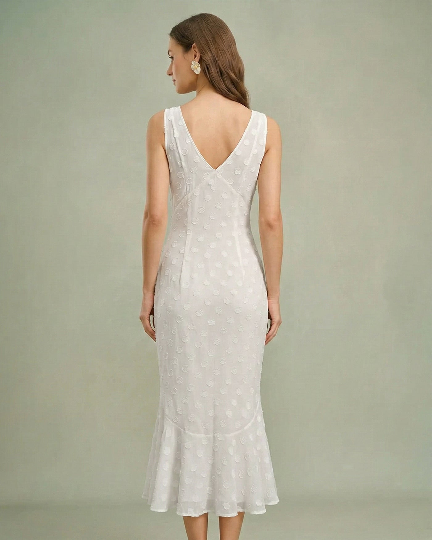 Beige Polka Dot V-Neck Midi Dress