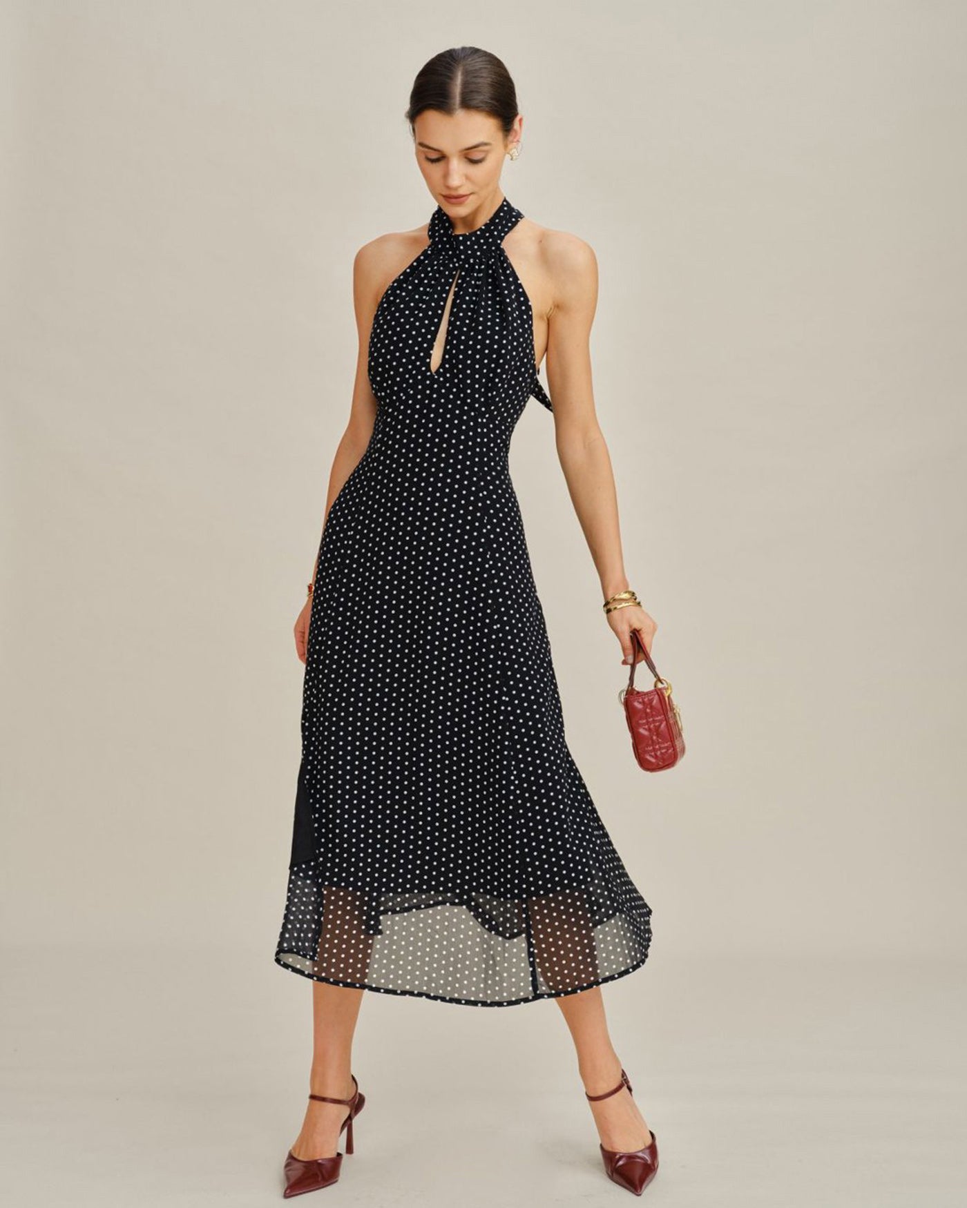 Black Polka Dot Halter Midi Dress
