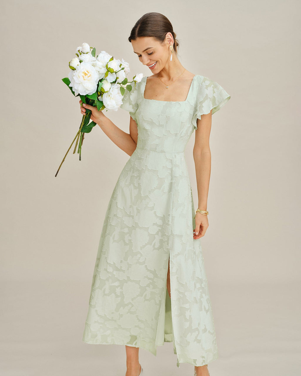 Green Square Neck Floral Textured Midi Dress