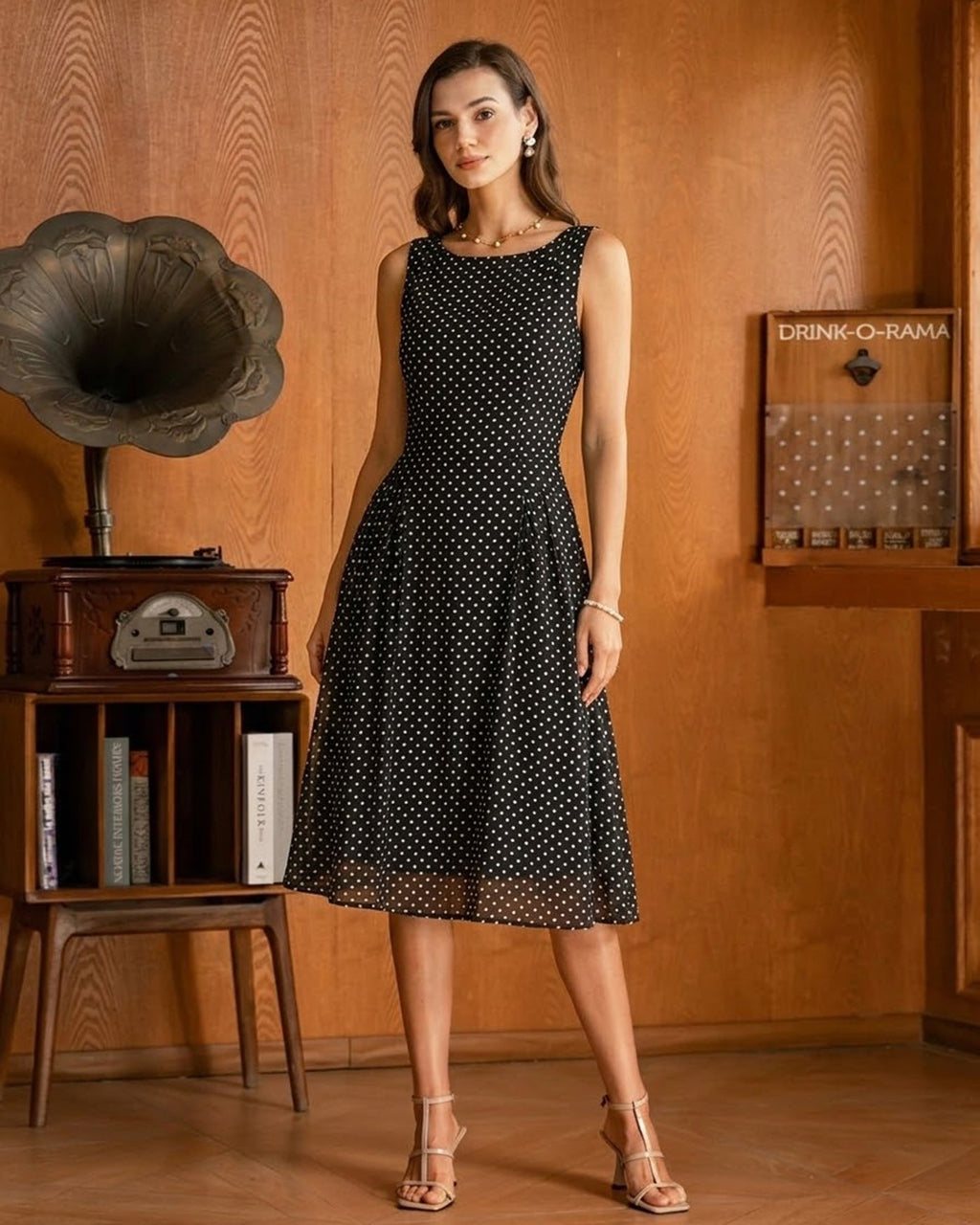 Black Polka Dot Chiffon Midi Dress