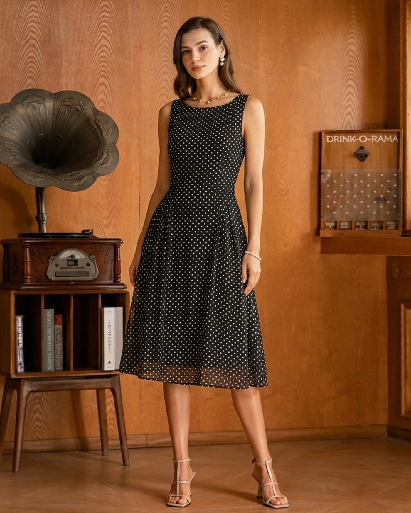 Black Polka Dot Chiffon Midi Dress