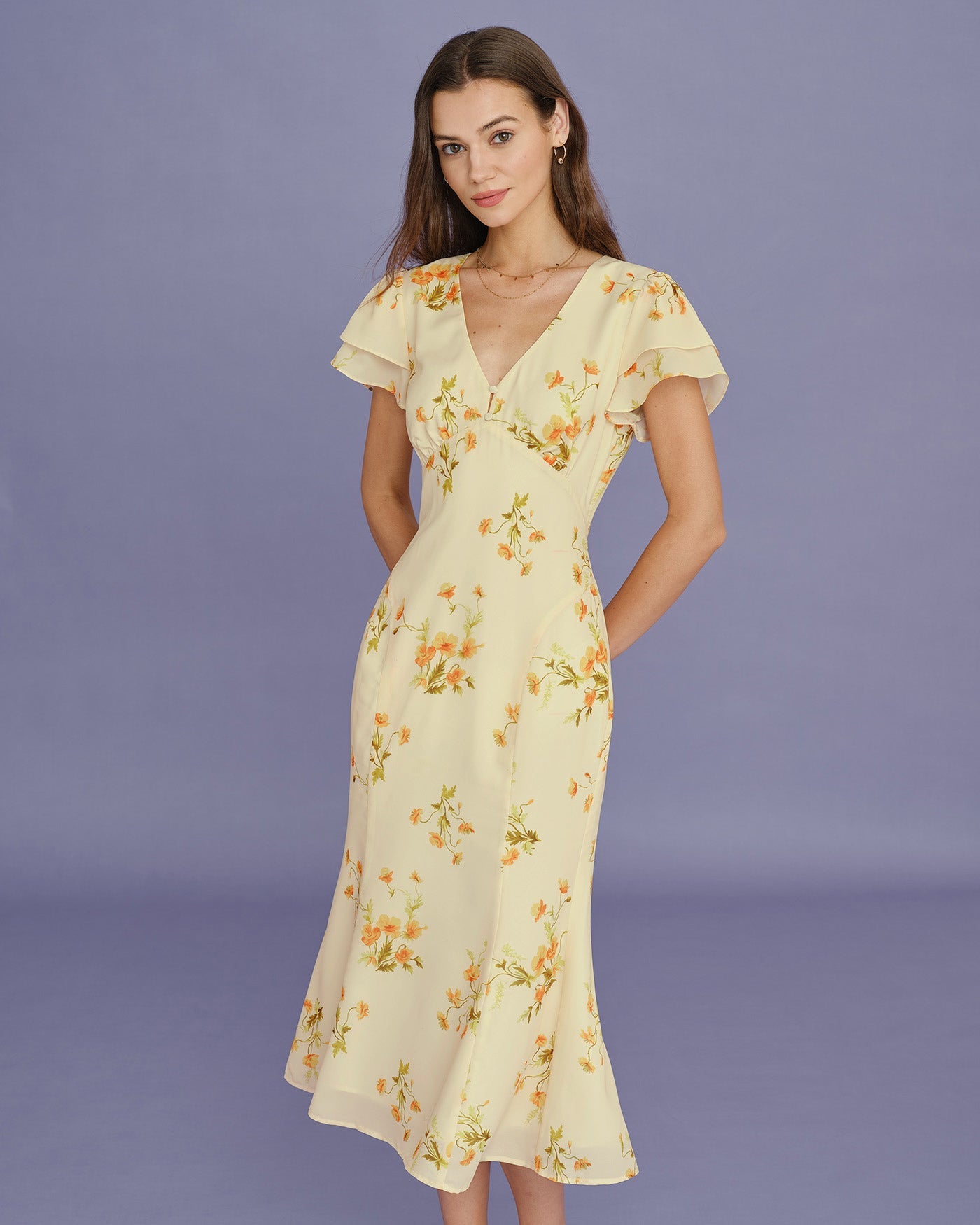 Yellow V Neck Floral Mermaid Midi Dress