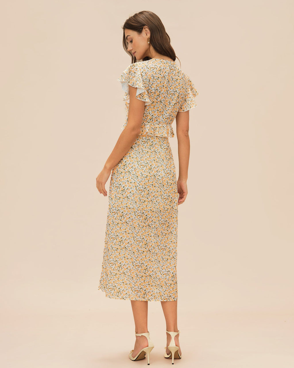 Yellow V Neck Floral Ruffle Midi Dress