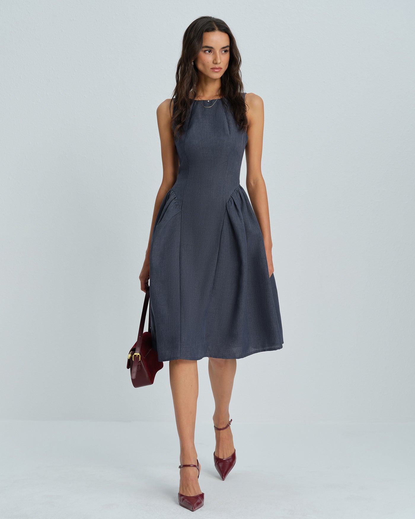 Grey Boat Neck Sleeveless Midi Dress