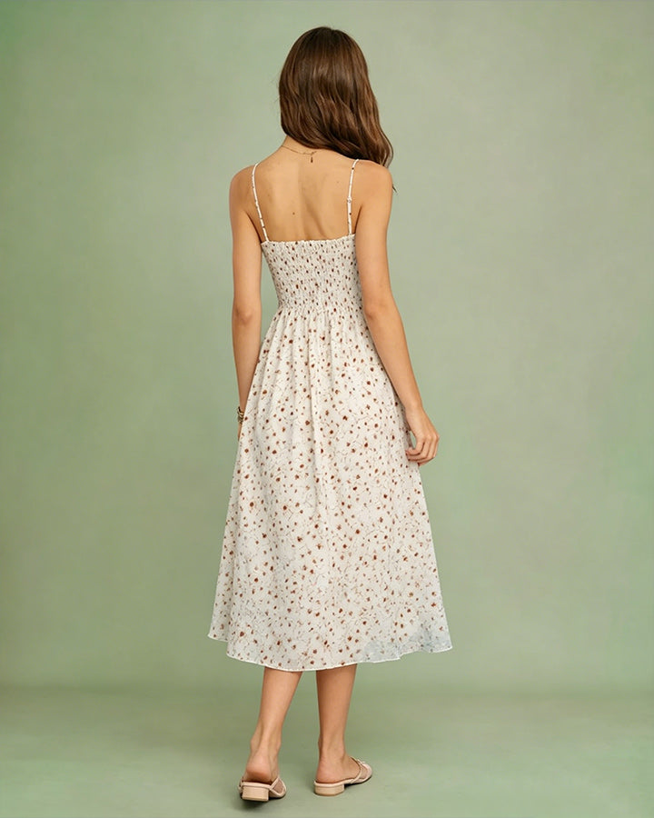 Apricot Floral Shirred Slip Midi Dress