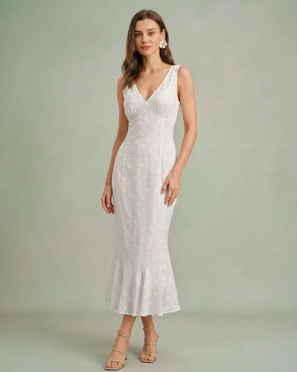 Beige Polka Dot V-Neck Midi Dress