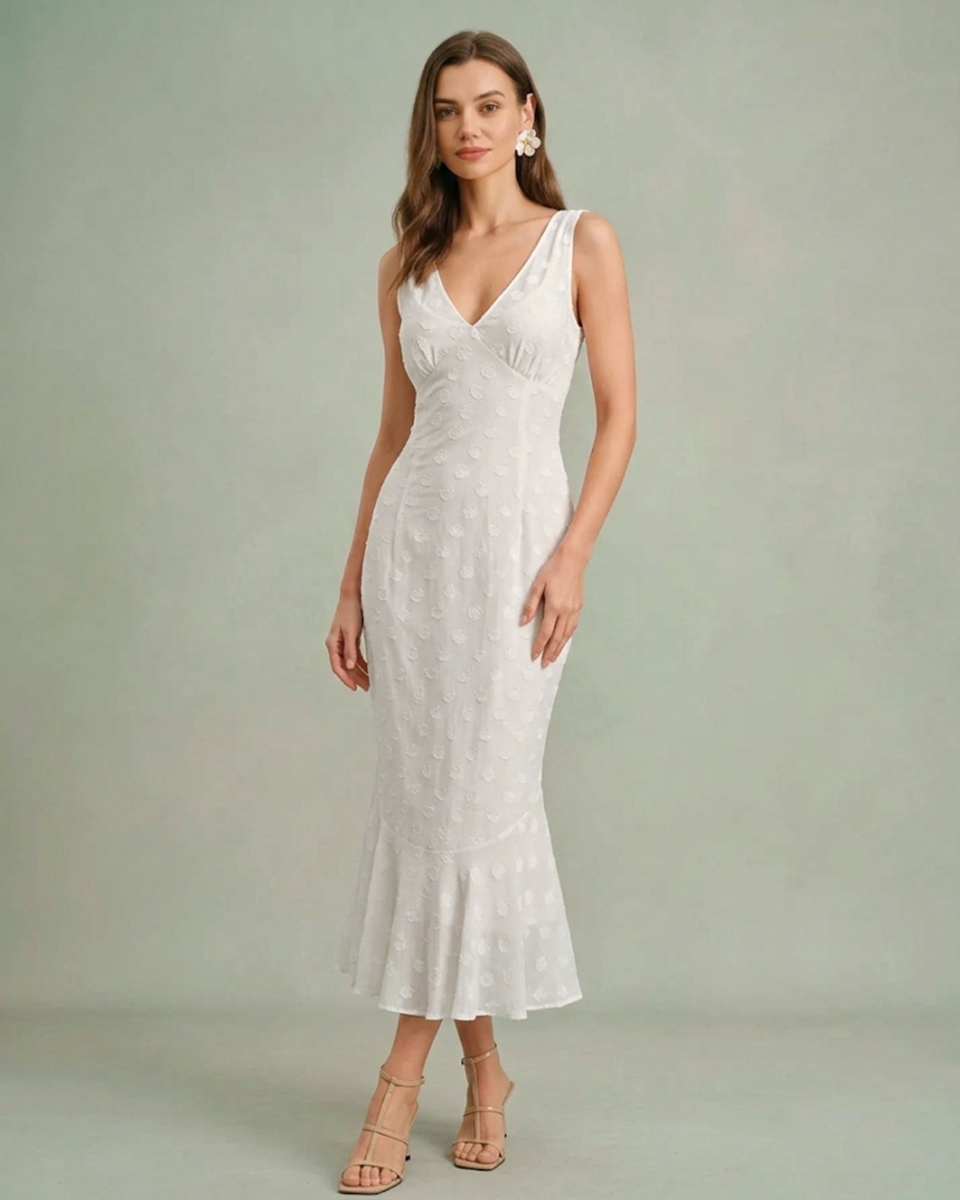 Beige Polka Dot V-Neck Midi Dress