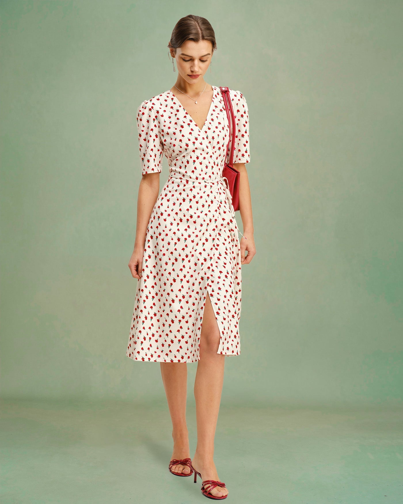 Apricot Floral V Neck Midi Dress