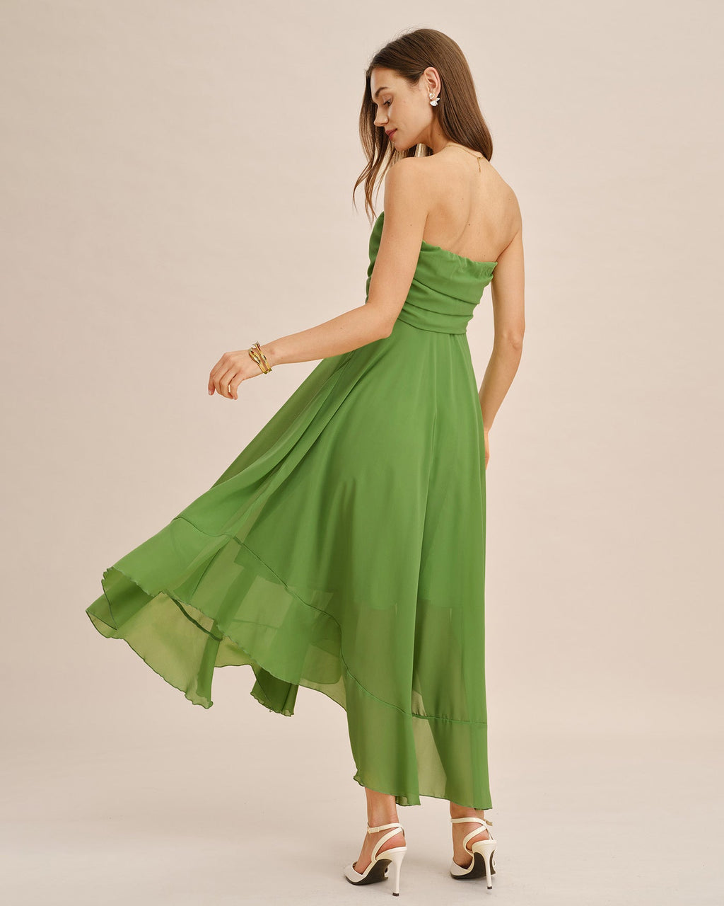 Green Flowy Strapless Midi Dress