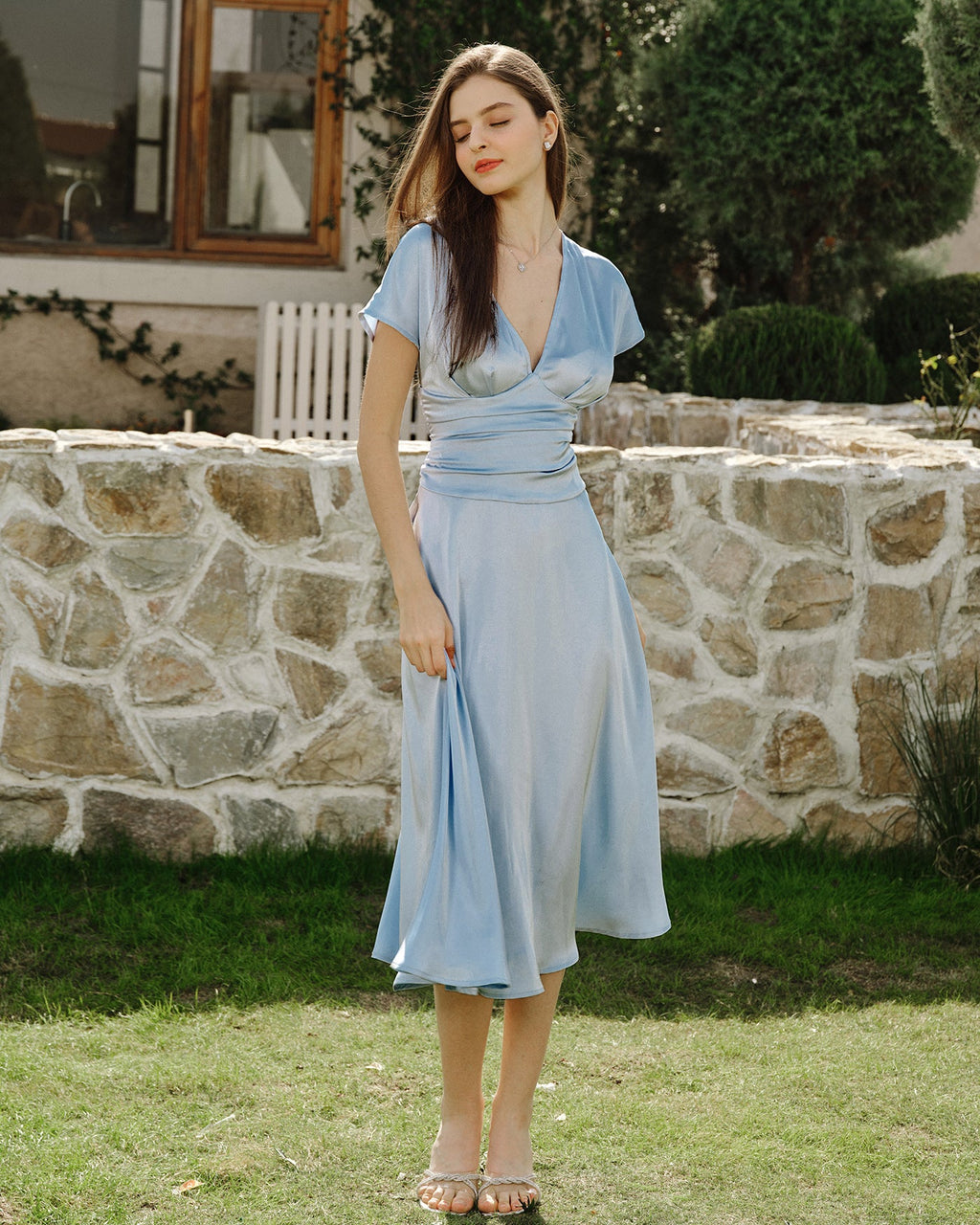 Blue Drop Shoulder Pleated Midi Dress