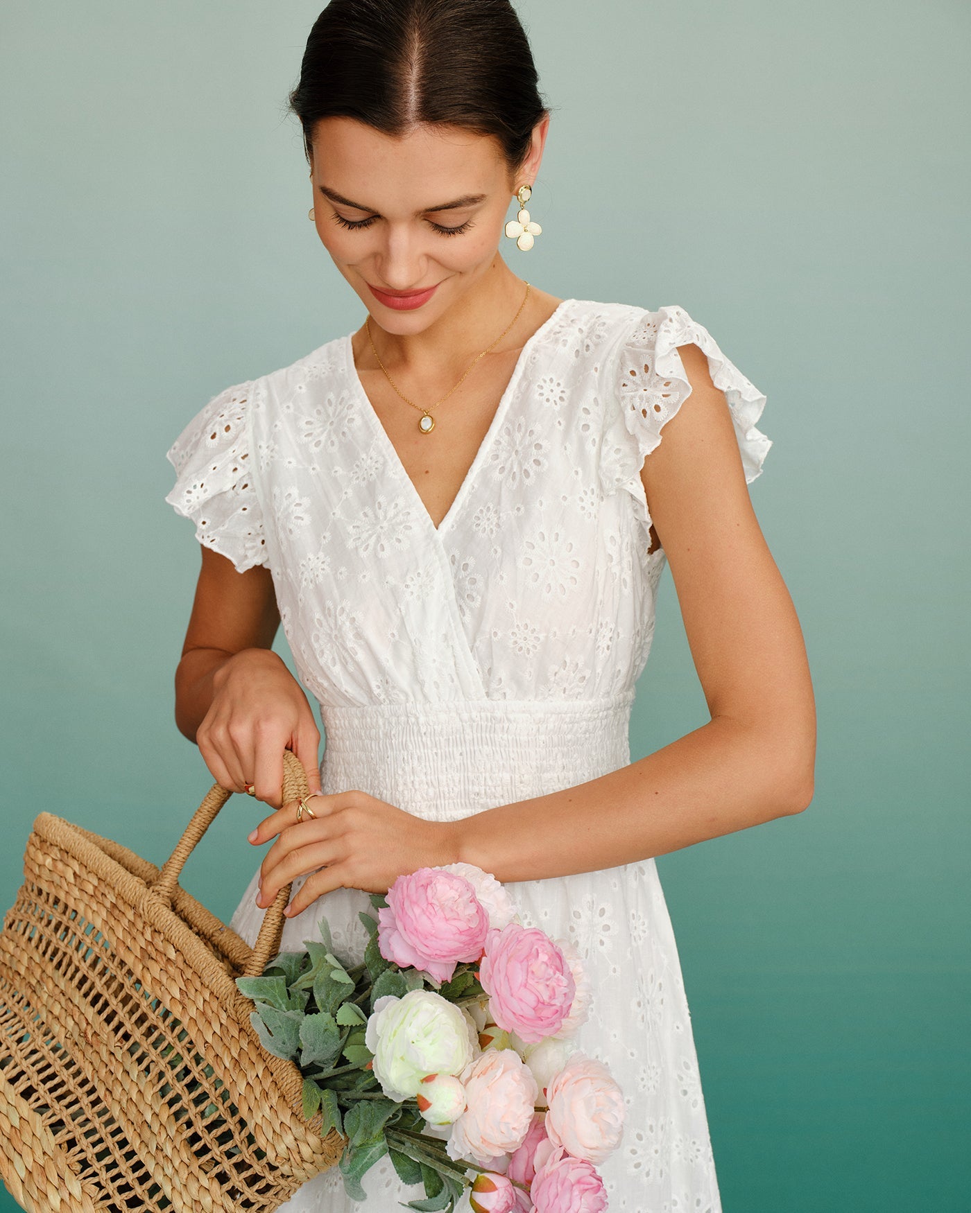 White V Neck Shirred Midi Dress