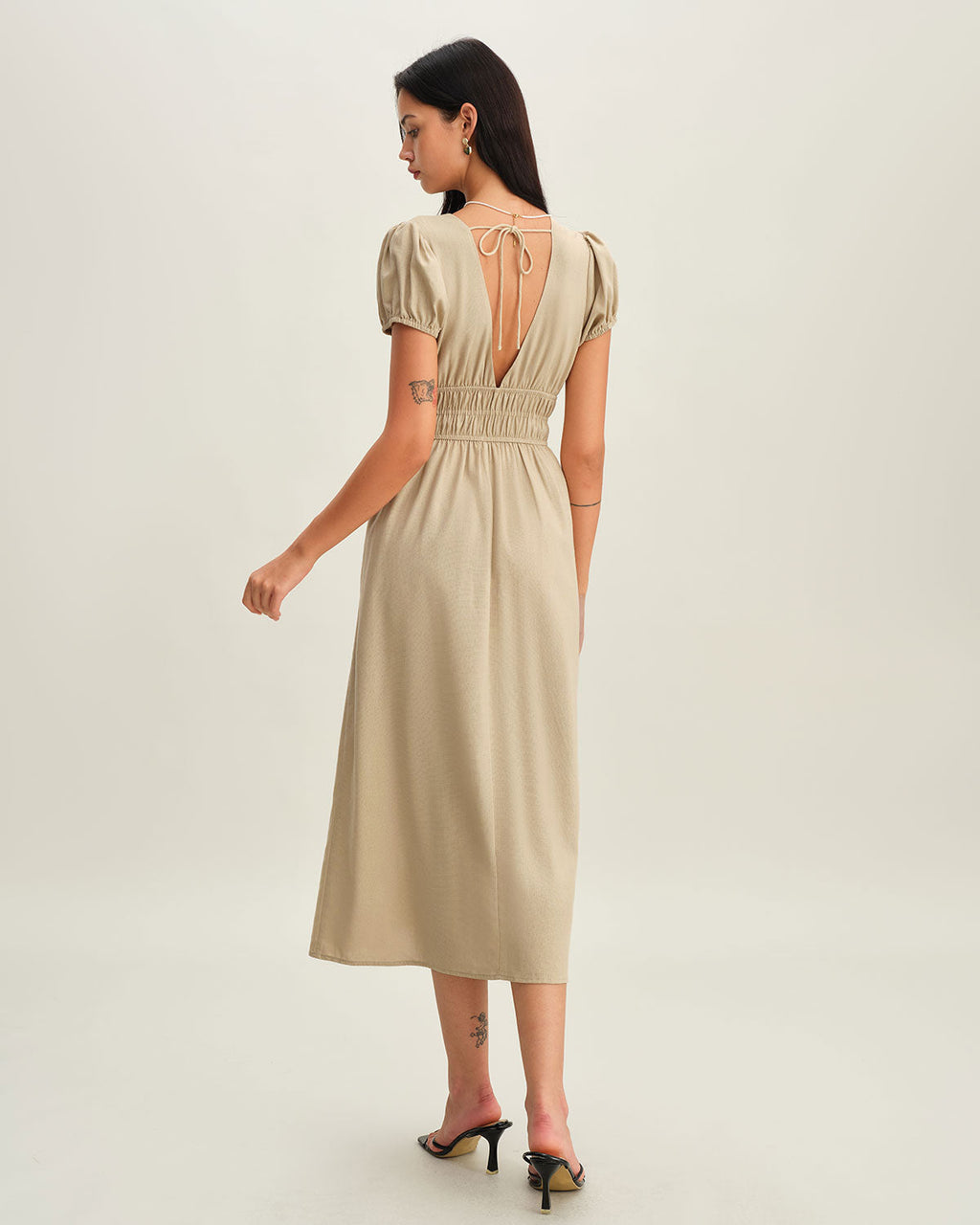 Beige Ruched Puffed Sleeve Midi Dress