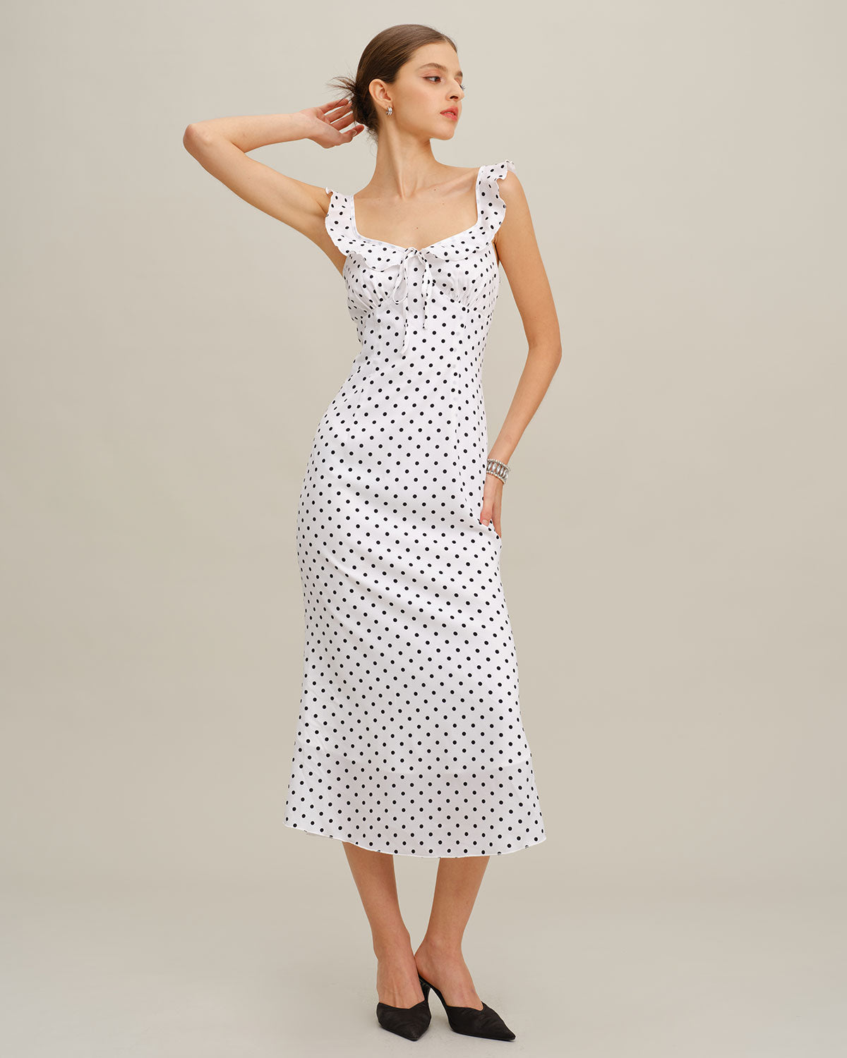White Polka Dot Ruffle Midi Dress