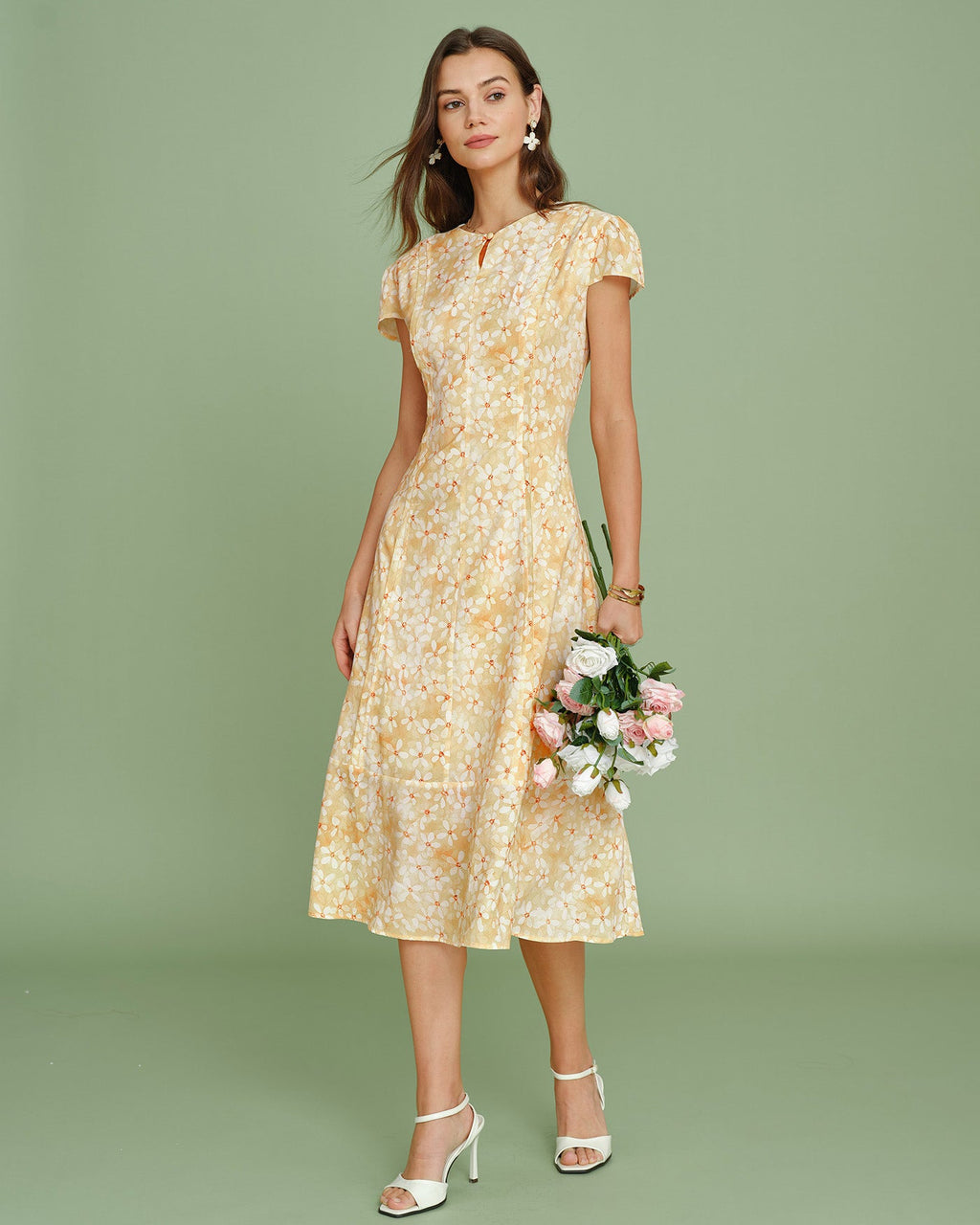 Yellow Cap Sleeve Floral Midi Dress