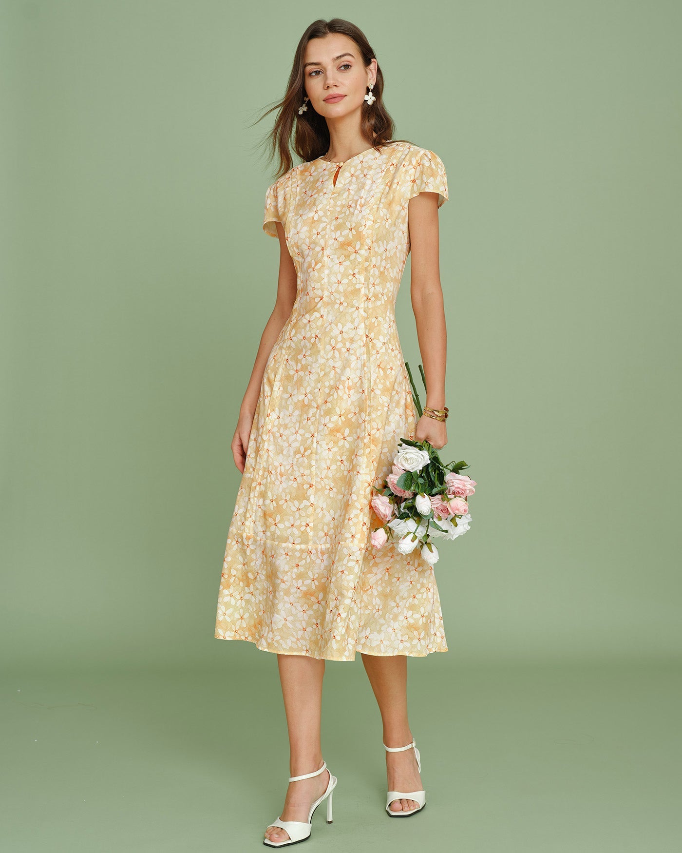 Yellow Cap Sleeve Floral Midi Dress