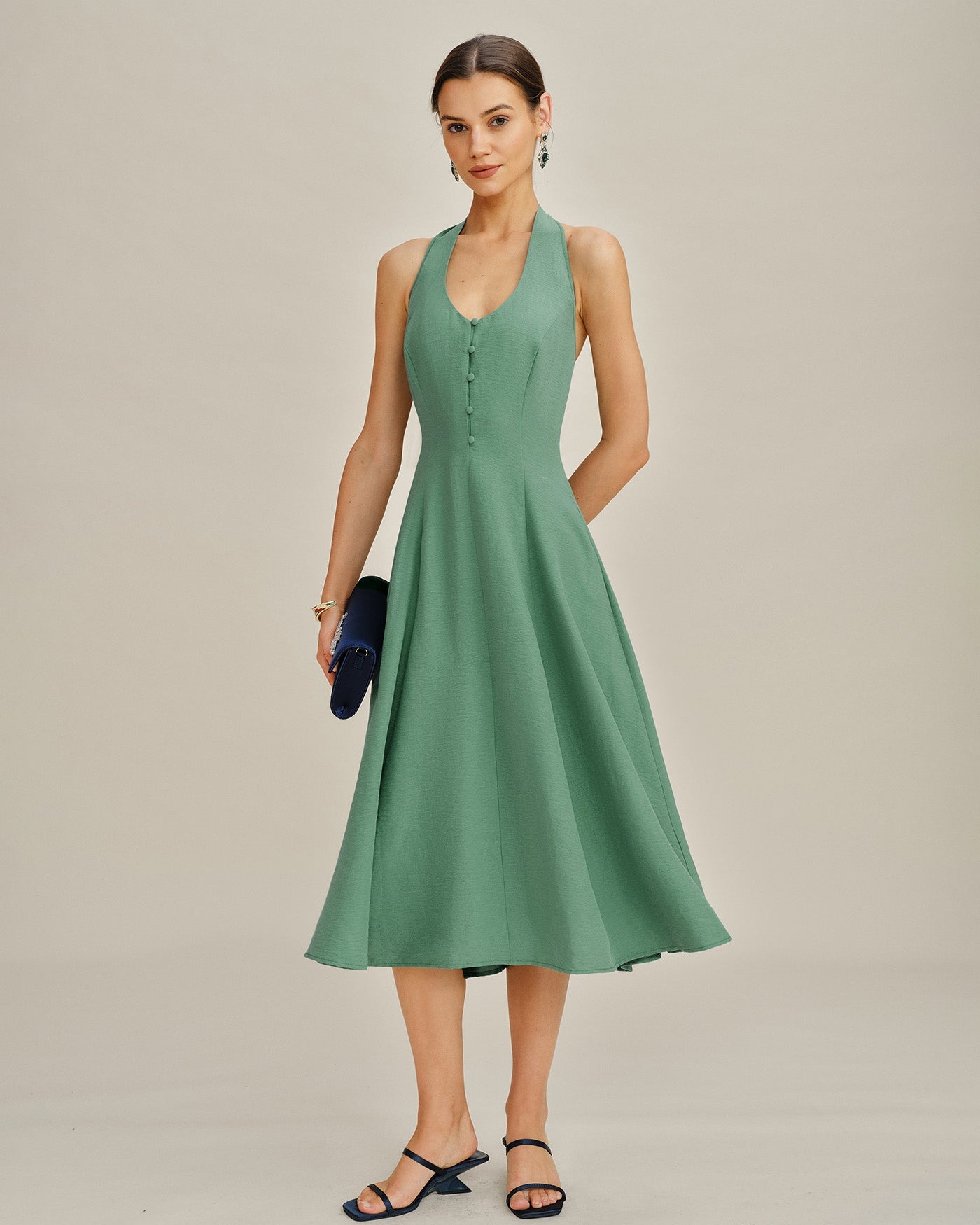 Green Halter Button Pockets Midi Dress