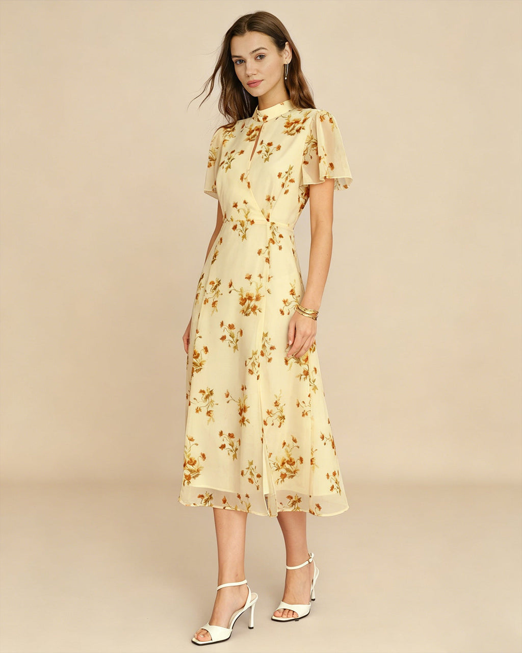 Yellow Turtle Butterfly Sleeve Floral Midi Dress