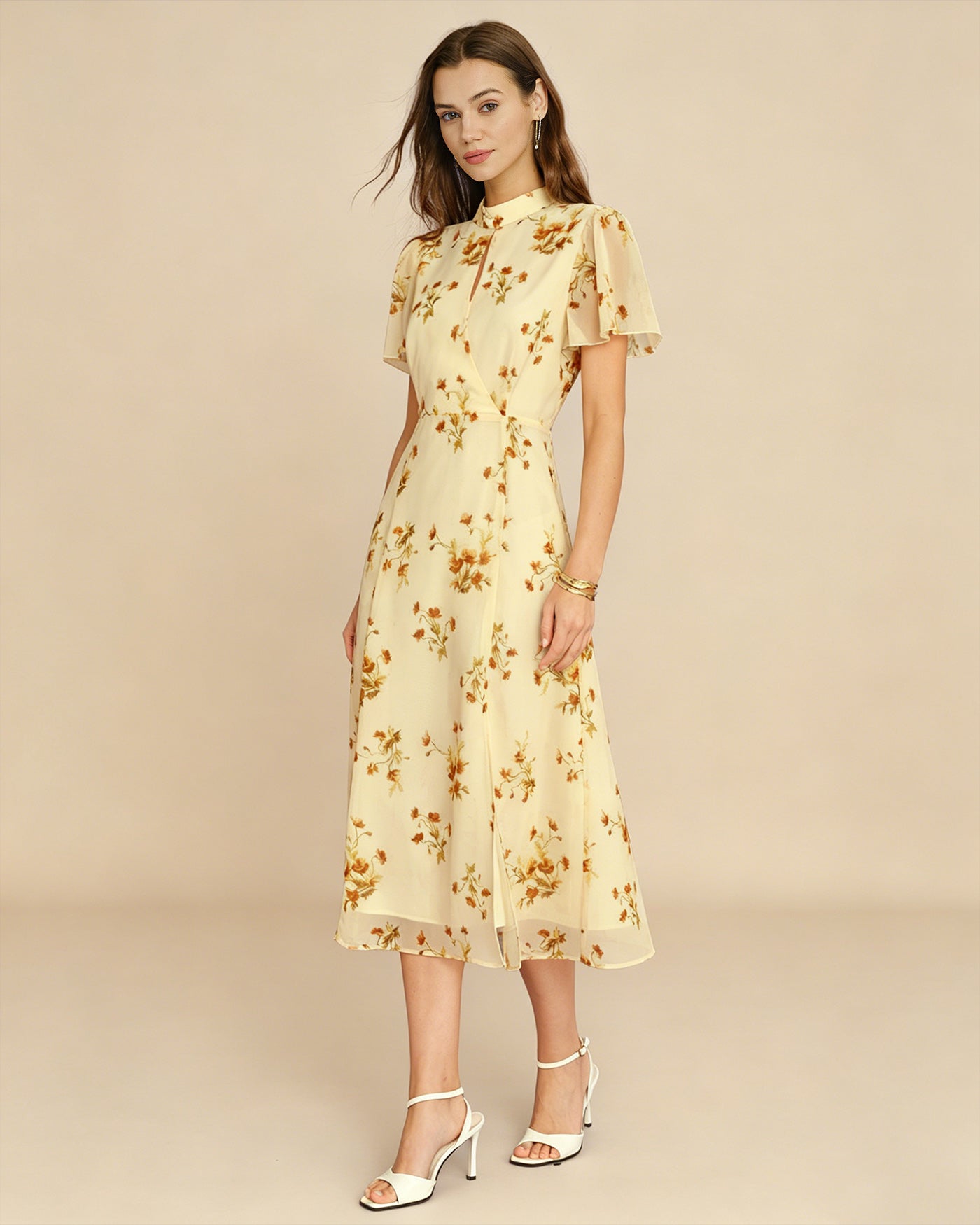 Yellow Turtle Butterfly Sleeve Floral Midi Dress