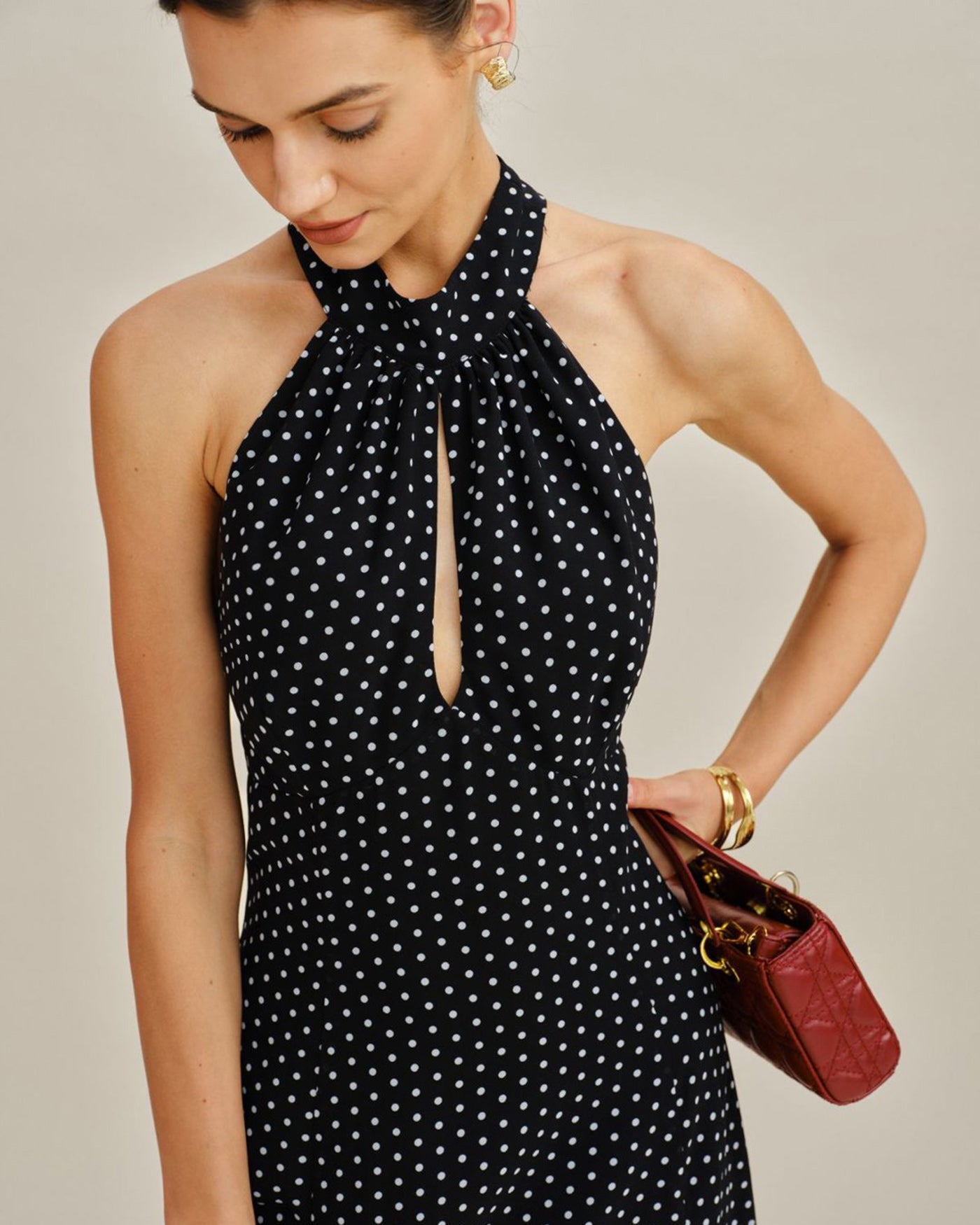Black Polka Dot Halter Midi Dress