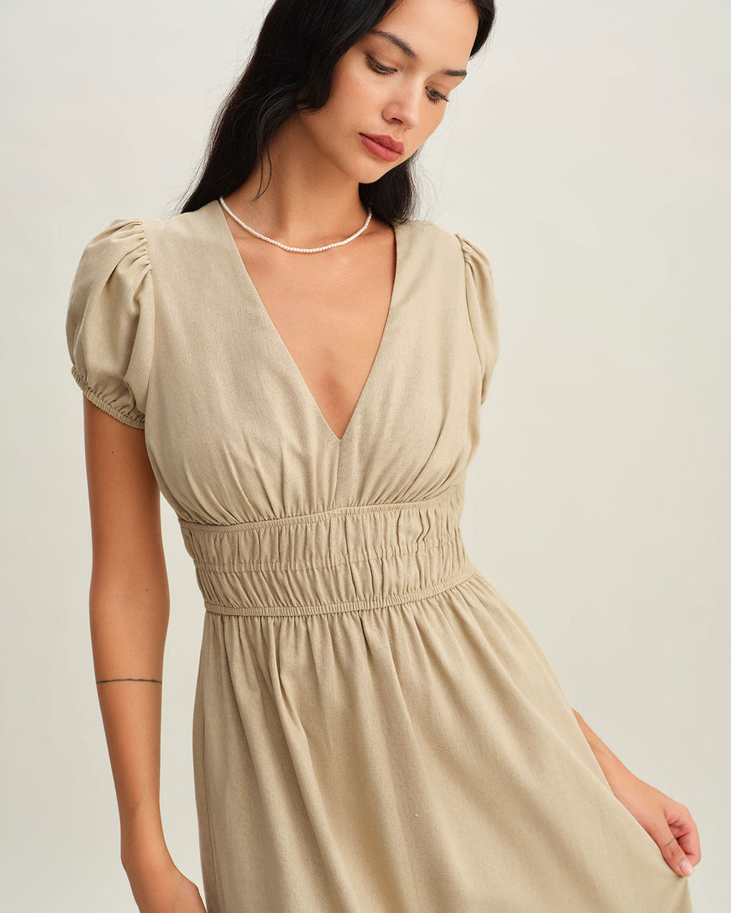 Beige Ruched Puffed Sleeve Midi Dress