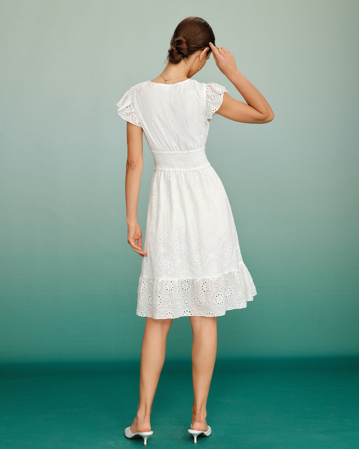 White V Neck Shirred Midi Dress