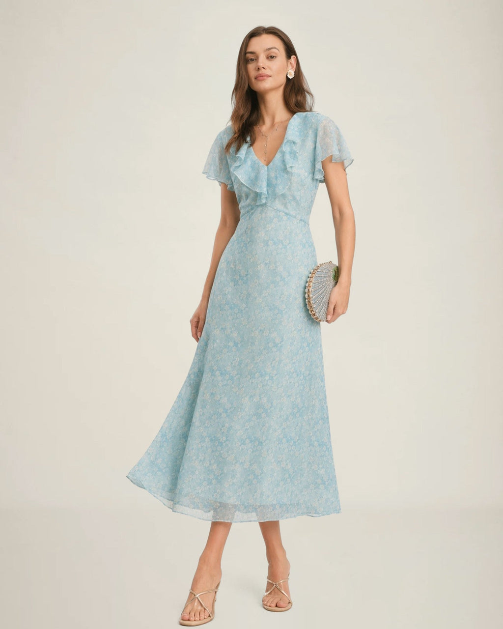 Blue V Neck Floral Ruffle Midi Dress