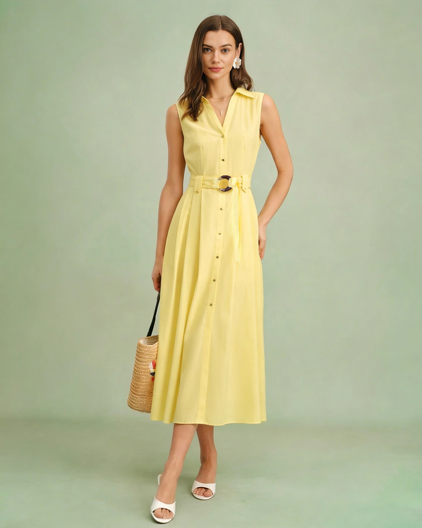 Yellow Collar Belt Button Midi Dress